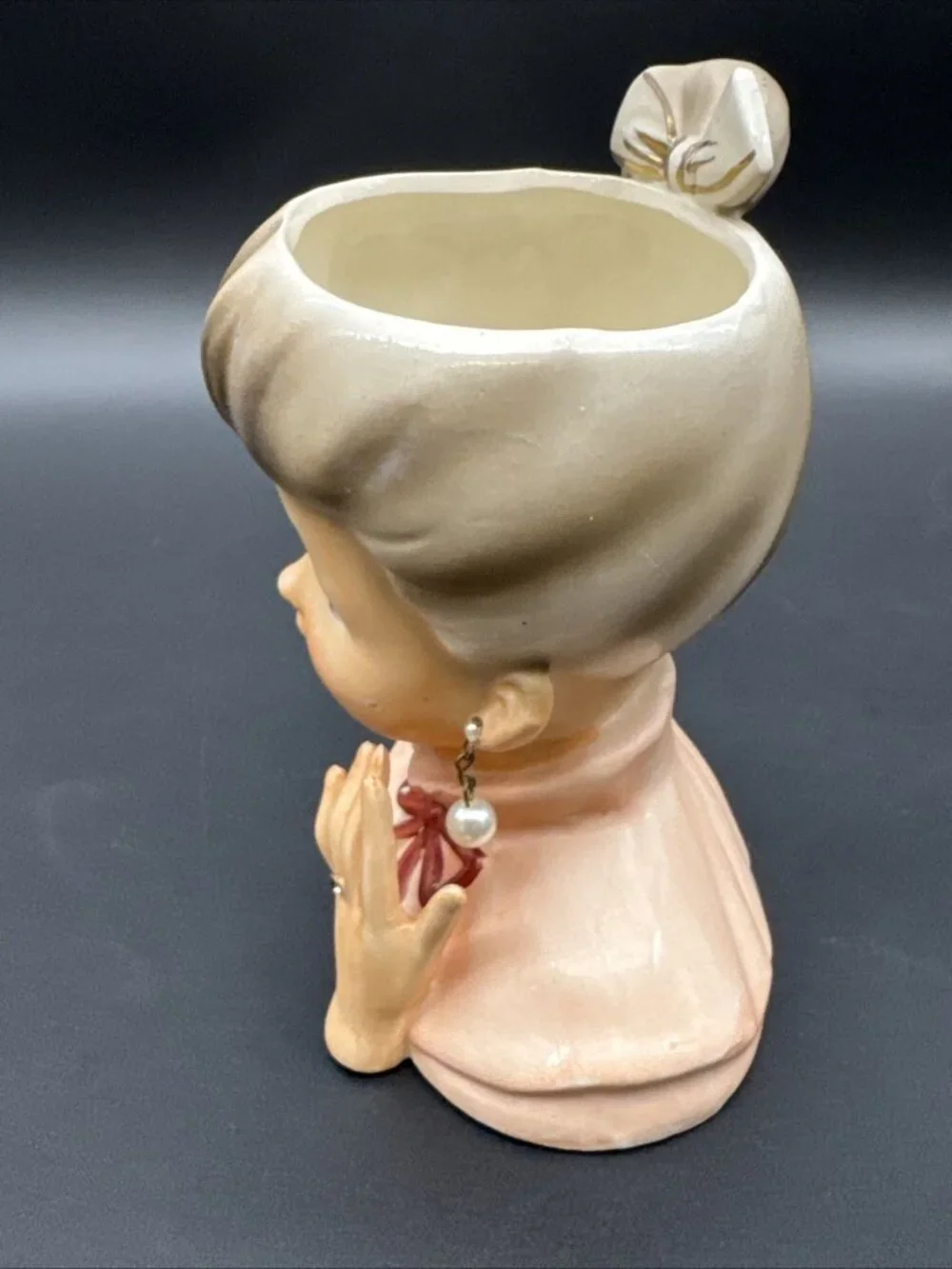 VTG 50’s Head Vase Pink Ponytail Pearl Earring Engagement Ring Bow Girl Ceramic